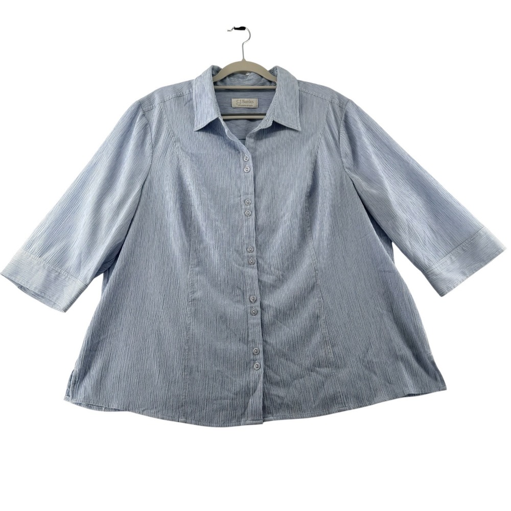 CJ Banks Seersucker Striped 3/4 Sleeves Button Up Shirt Womens Plus 2X Blue